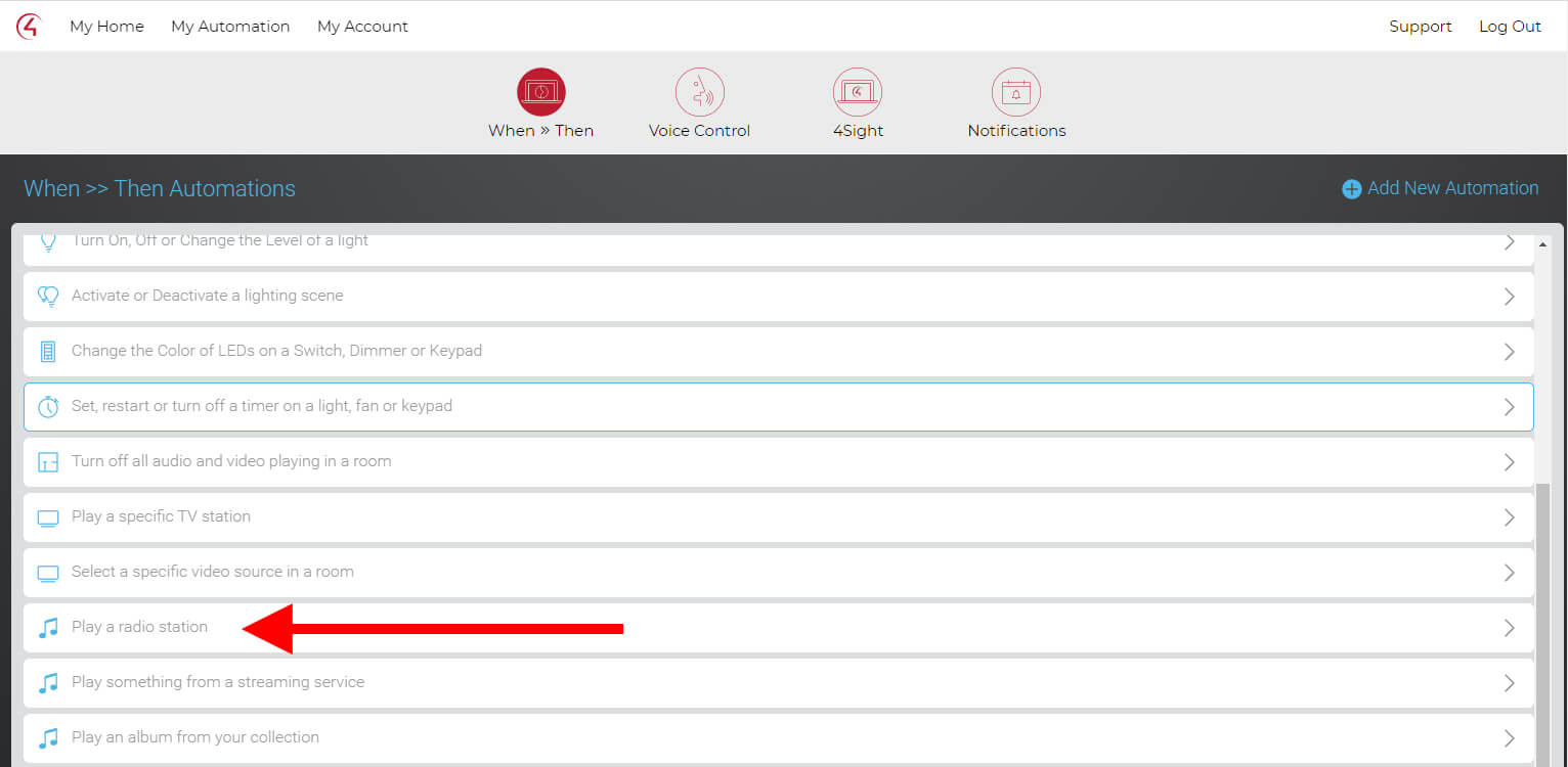 control4 customer when then play radiostation